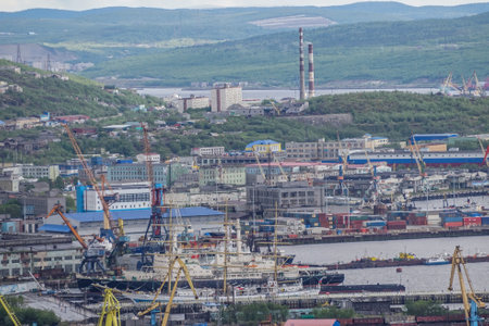 Murmansk, Russia-June 5, 2015: Urban landscape with buildings and architecture.のeditorial素材