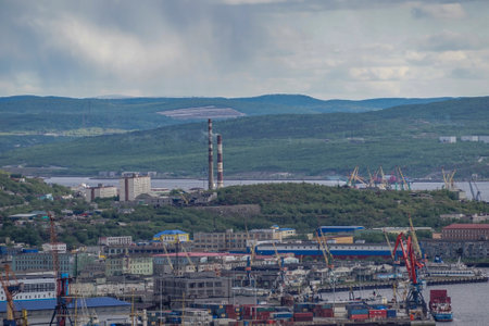 Murmansk, Russia-June 5, 2015: Urban landscape with buildings and architecture.のeditorial素材