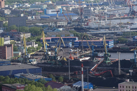 Murmansk, Russia-June 5, 2015: Industrial landscape on the shore of the Kola Bay.のeditorial素材