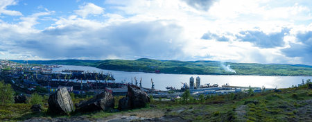 Murmansk, Russia-June 5, 2015: Industrial landscape on the shore of the Kola Bay.のeditorial素材