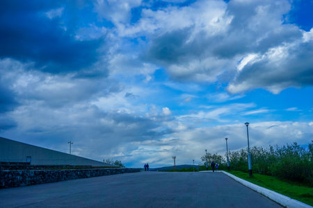 Murmansk, Russia-June 5, 2015: Landscape with a view of the memorial to the Soviet soldier.のeditorial素材