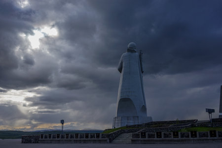 Murmansk, Russia-June 5, 2015: Landscape with a view of the memorial to the Soviet soldier.のeditorial素材