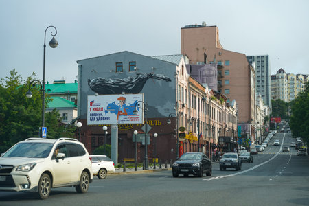 Vladivostok, Russia-July 5, 2020: Urban landscape with views of streets and cars.のeditorial素材
