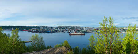 Murmansk, Russia-June 5, 2015: Panorama of the Kola Bay with a view of the city.のeditorial素材