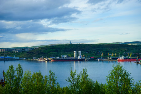 Murmansk, Russia-June 5, 2015: Panorama of the Kola Bay with a view of the city.のeditorial素材