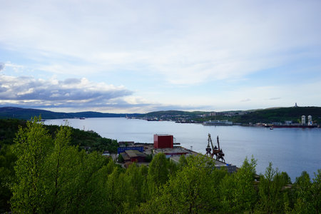 Murmansk, Russia-June 5, 2015: Panorama of the Kola Bay with a view of the city.のeditorial素材