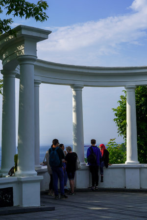 Vladivostok, Russia-July 6, 2020: Urban landscape with a view colonnade and people.のeditorial素材