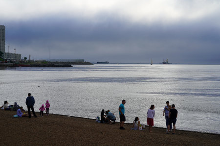 Vladivostok, Russia-July 6, 2020: Seascape with people on the beach.のeditorial素材