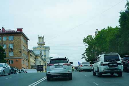 Vladivostok, Russia - July 26, 2020: Urban landscape with streets and cars.のeditorial素材