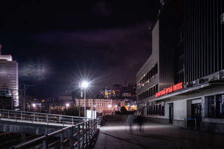Vladivostok, Russia - July 26, 2020: Night landscape with a view of the building of the sea station.のeditorial素材