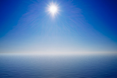 Seascape with a bright sun on a blue sky.