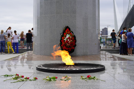 Vladivostok, Russia - July 26, 2020: Urban landscape with a view of the eternal flame.のeditorial素材