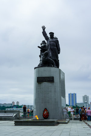 Vladivostok, Russia - July 26, 2020: Urban landscape with a view of the monument.のeditorial素材