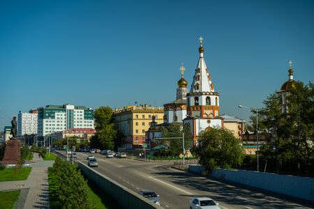 Irkutsk, Russia-September 17, 2020: Urban landscape with a View of the Epiphany Cathedralのeditorial素材