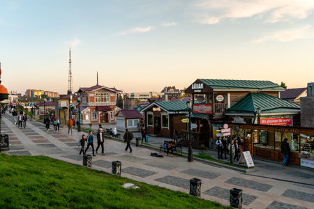 Irkutsk, Russia-September 18, 2020: Urban landscape with views of wooden houses on a pedestrian street.のeditorial素材