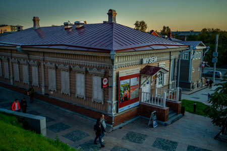 Irkutsk, Russia-September 18, 2020: Urban landscape with views of wooden houses on a pedestrian street.のeditorial素材