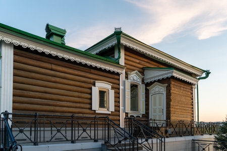 Urban landscape with views of wooden houses on a pedestrian street. Irkutsk, Russiaのeditorial素材