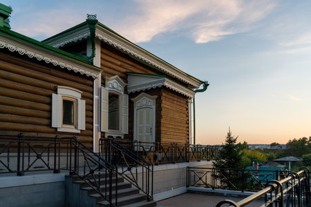 Urban landscape with views of wooden houses on a pedestrian street. Irkutsk, Russiaのeditorial素材