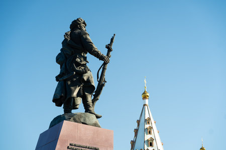 Irkutsk, Russia-September 17, 2020: Monument to the founders of the city from the citizens.のeditorial素材