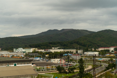 Nakhodka, Russia - September 26, 2020: Industrial landscape with a view of the port.のeditorial素材