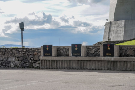 Murmansk, Russia-June 5, 2015: Landscape with a view of the memorial to the Soviet soldier.のeditorial素材