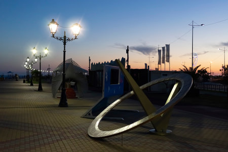 Sochi, Krasnodar Krai-June 9, 2018: Night landscape with a view of the Olympic Park embankment.のeditorial素材