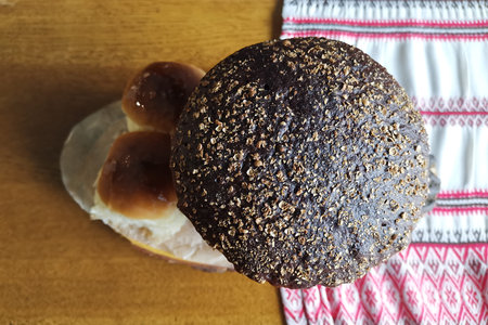 National Ukrainian cuisine. Soup in a black breadの写真素材