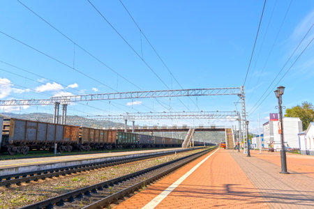Landscape with a view of the railway at the station Slyudyanka, Irkutsk regionのeditorial素材