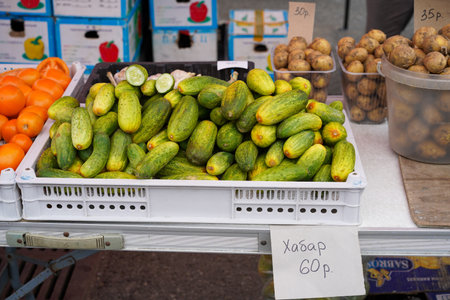 Counter with vegetables in the market of Vladivostok, Russiaのeditorial素材