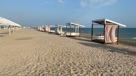 Yevpatoria, Crimea-June 22, 2021: City beach with vacationersのeditorial素材