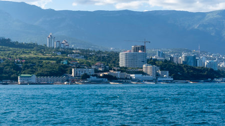 Seascape with a view of the coastline of Yalta, Crimeaのeditorial素材