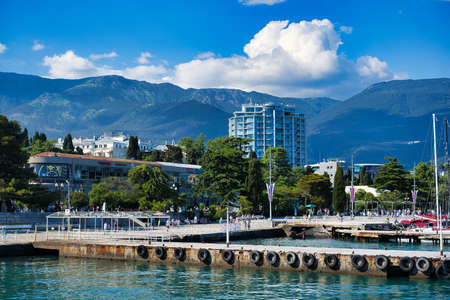 Yalta, Crimea-June 11, 2021: Urban landscape with a view of the embankment.のeditorial素材