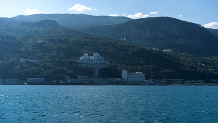 YALTA, Crimea-June 12, 2021: View from the sea on the city landscape.のeditorial素材