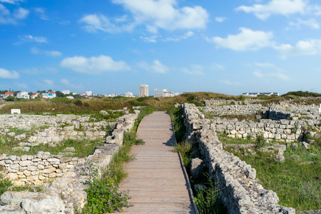 Landscape with a view of the stones and ruins of the historical Chersonesos in Sevastopol.の写真素材