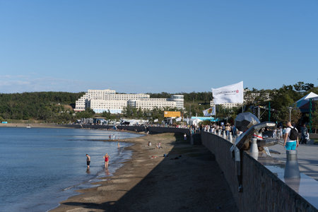 Vladivostok, Russia-September 5, 2021: The WEF Exhibition on the Russian Island. Far East Street. People are walking along the embankment.のeditorial素材