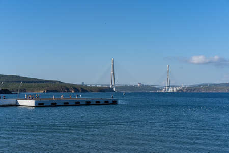 Seascape with a view of the coastline of Vladivostok, Russiaの写真素材