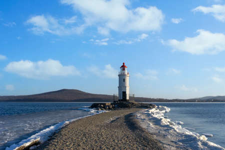 Seascape with Tokarevsky lighthouse. Vladivostok, Russia.の写真素材