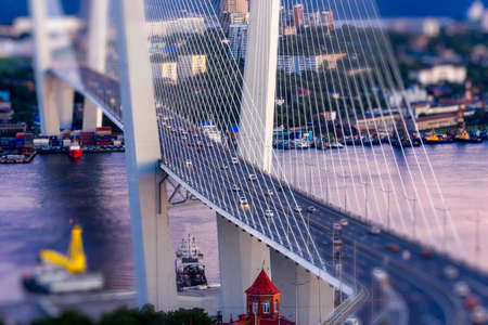 Urban landscape with a view of the Golden Bridge. Vladivostok, Russiaの写真素材