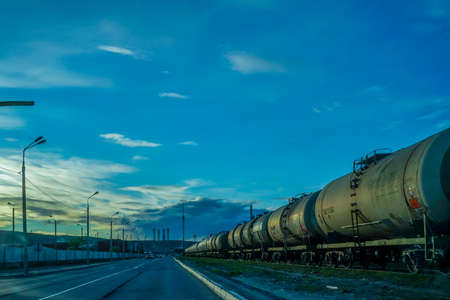 Murmansk, Russia-June 5, 2015: Industrial landscape with road and rail views.のeditorial素材