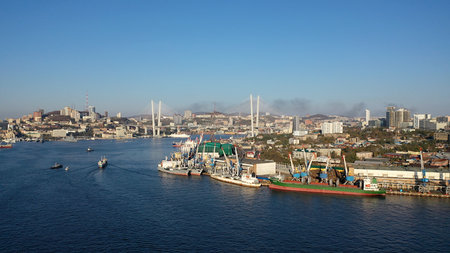 Vladivostok, Russia - October 24, 2021: Aerial view of the urban landscape with a view of the Golden Horn Bay.のeditorial素材
