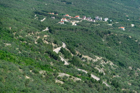 Aerial view of the landscape with a view of the road and houses