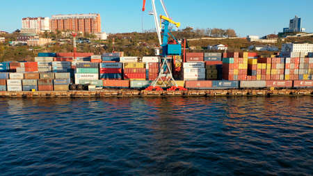 Vladivostok, Russia - October 24, 2021: Aerial view of the coastline of the city with ships and port.のeditorial素材