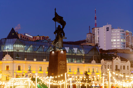 Vladivostok, Russia - January 5, 2022: Cityscape with a view of New Year's Square with festive illumination.のeditorial素材