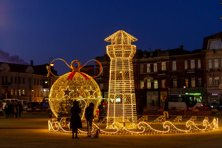 Vladivostok, Russia - January 5, 2022: Cityscape with a view of New Year's Square with festive illumination.のeditorial素材