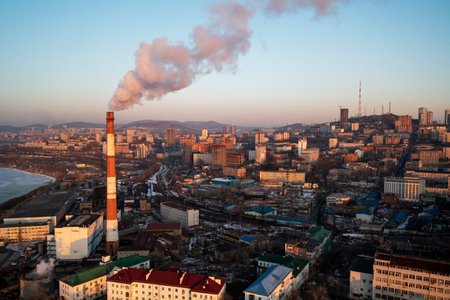 Vladivostok, Russia - January 7, 2022: Aerial view of the city landscape with a view of the street and buildings.のeditorial素材