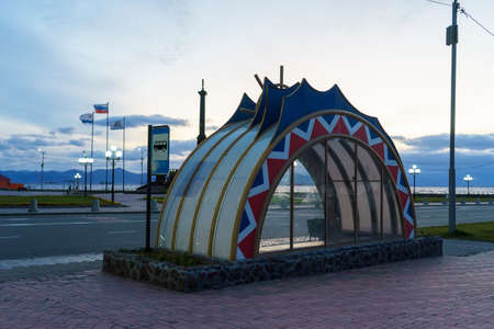 Petropavlovsk-Kamchatsky, Russia - October 4, 2019: Cityscape with a view of the road and a bus stop.のeditorial素材