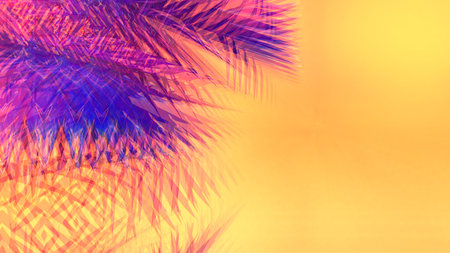 Abstract orange neon background with purple leaves. design, artの写真素材