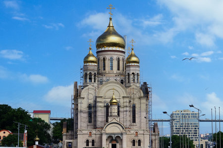 Cityscape with a view of the Church of the Transfiguration Cathedral.. Vladivostok, Russiaのeditorial素材