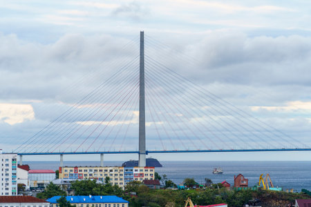 Pylons of the Russian Bridge against the background of the sea and the city. Russiaの写真素材