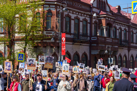 Vladivostok, Russia - May 9, 2022: Passage of the Column of the Immortal Regiment on Svetlanskaya Streetのeditorial素材